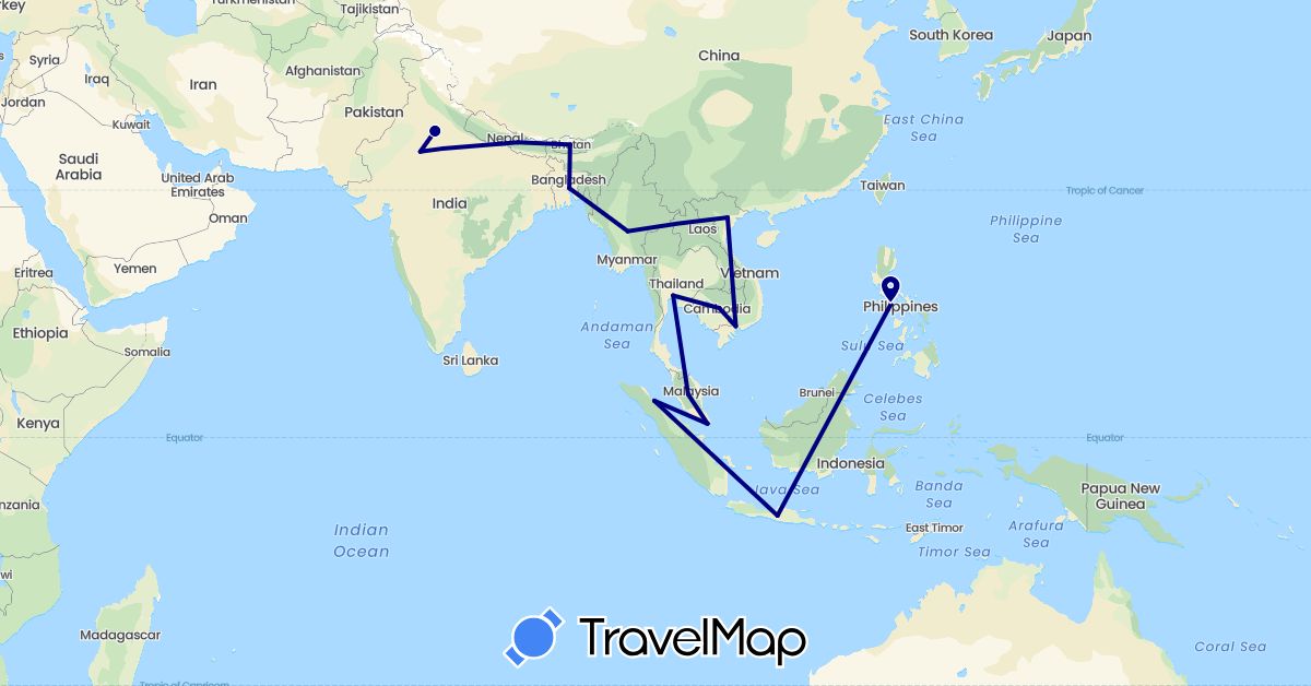 TravelMap itinerary: driving in Bangladesh, Bhutan, Indonesia, India, Cambodia, Myanmar (Burma), Malaysia, Nepal, Philippines, Singapore, Thailand, Vietnam (Asia)